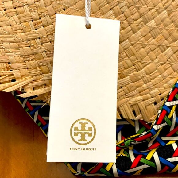 NWT Tory Burch Straw Hat with Silk Tie in Black Basketweave Print OS main image 5